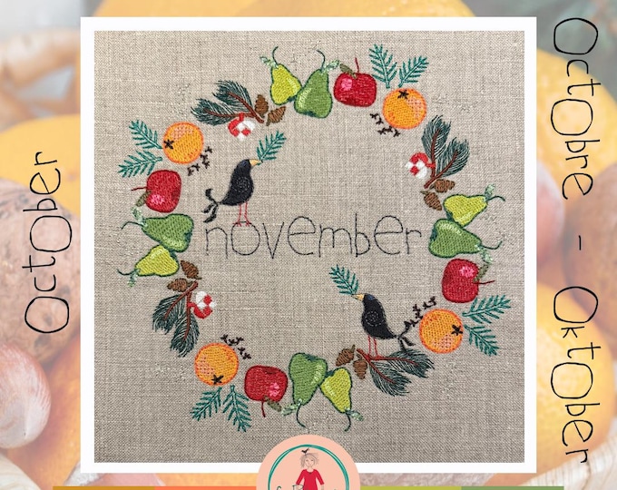 November Wreaths – Fruits of Christmas, Machine Embroidery Designs | 8x8" + 5x5" Hoops | Hand-drawn fruBlomgren Blackbird & Fruit Motifs