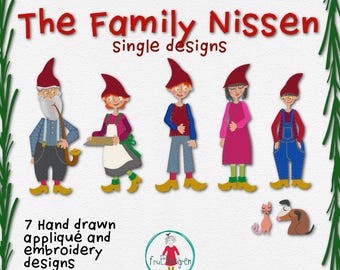 7 Embroidery and Appliqué designs - Meet The Family Nissen – Cosy Nordic Christmas Designs – Hand-Drawn Appliqué, 5x7", Christmas Hygge