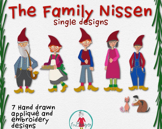 7 Embroidery and Appliqué designs - Meet The Family Nissen – Cosy Nordic Christmas Designs – Hand-Drawn Appliqué, 5x7", Christmas Hygge