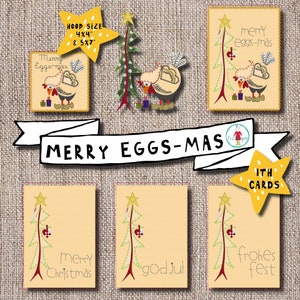 Merry Eggs-mas - 5 biglietti ITH stravaganti da realizzare sulla tua macchina da ricamo + un motivo con la mia gallina LUCY applicata. Per dimensioni del telaio 4x4 e 5x7