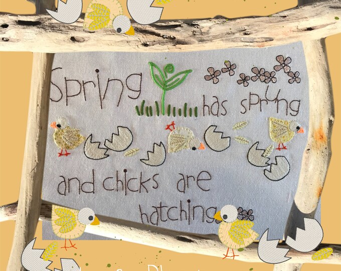 Machine Embroideries/Appliqué designs - HAPPY CHICKS - The Hatchlings - Little chicks just hatched, texts and flowers - 10 design for 4 x 4"
