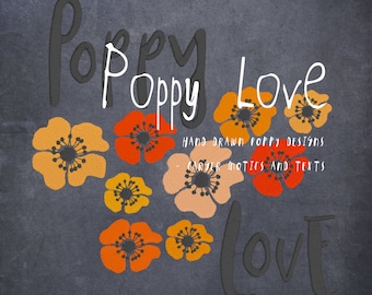 POPPY LOVE - Motifs and Texts with my hand drawn Poppies in Fill stitch Embroidery - 5 designs for embellishment of your textile projects