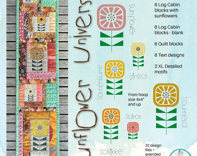 Sunflower Machine Embroidery Designs – Quilting & Patchwork Pack – 32 Files with Stylized Sunflowers, Log Cabin Blocks, Quilt Blocks, Motifs