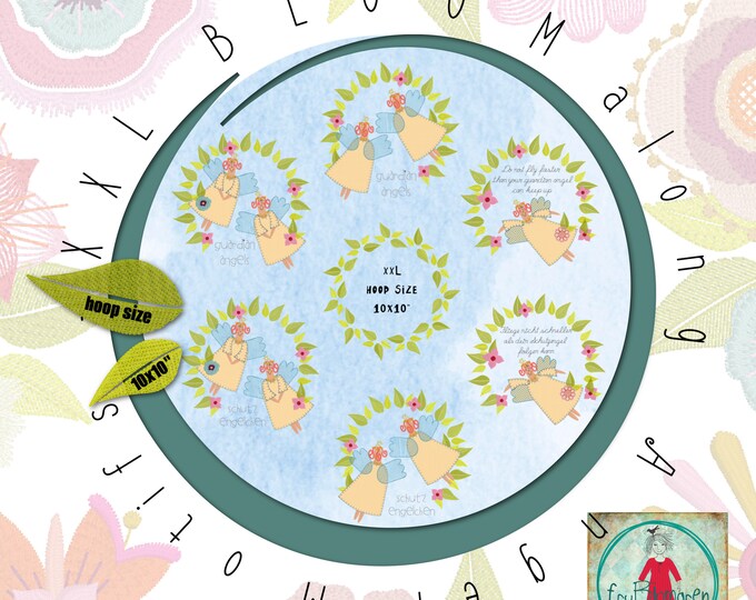 Angels - Flower angels - BLOOMalong 8 - XXL Angels motifs in feminine leaf wreaths 10x10", 3 motifs with English and German text - 6 designs
