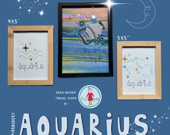 Aquarius Zodiac Sign - Hand-drawn Machine Embroidery Designs – for Hoop 5x7" – 3 Motifs