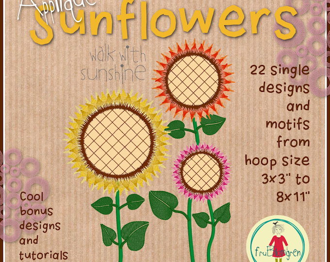 Appliqué Sunflowers Embroidery Designs • 22 Files for Autumn Sewing • Hoops 3x3" to 8x11" • Hand-Drawn Machine Embroidery