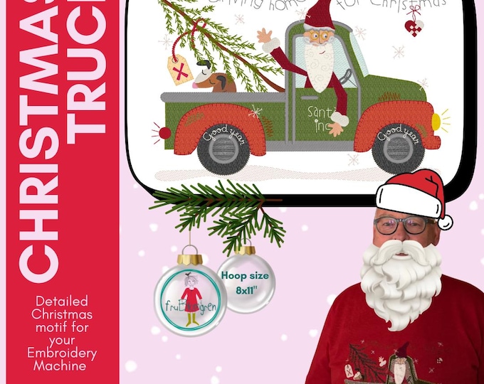 Santa in Christmas Truck | 8x11 Appliqué Embroidery Design | hand drawn signature fruBlomgren design