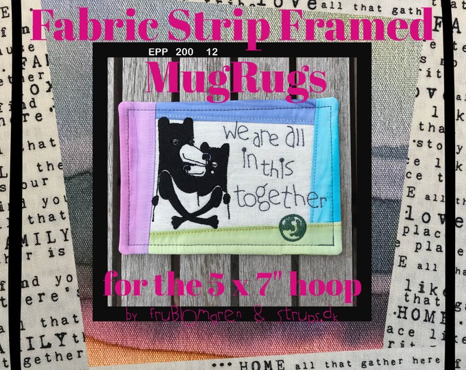 FABRIC STRIP Framed MugRugs ITH designs sized 5 x 7" for your embroidery machine - with original artwork Bear Hug by Strups.dk - Hand drawn