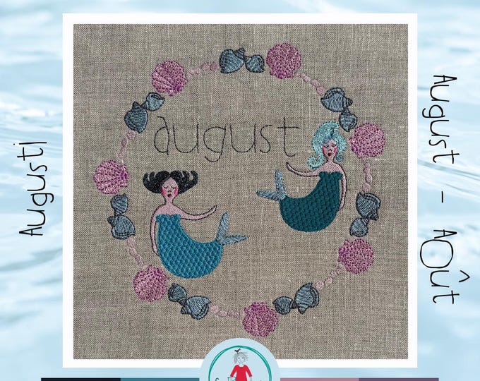 August Wreath - Beautiful shells and fair mermaids - the 8th in the series - Hand drawn Designs hoop, size 5x5" & 8x8", 5 languages + BONUS