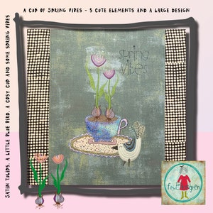 Könnte beinhalten: Stickerei mit einem blauen Vogel, einer Tasse mit Tulpen und dem Text "spring vibes". Das Design ist von einem schwarzen und weißen Polka-Dot-Rand umgeben.