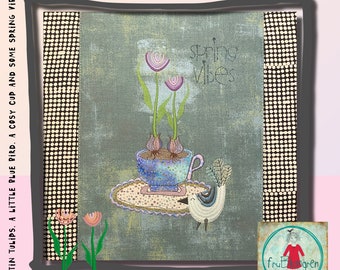 A cup of Spring Vibes - a Hand drawn appliqué cup with tulips and a little Blue Bird - 5 cute single designs and a large motif