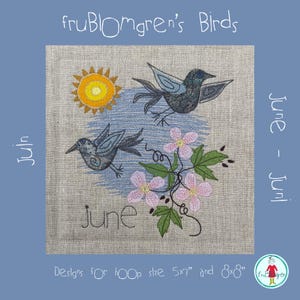 Maskinbroderi Quiltblock med applikation för junifågel | Design med små fåglar och klematis – Handritat – ring 5x7 och 8x8