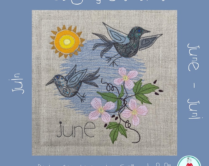 June Bird Appliqué Machine Embroidery Quilt Block | Wee Birds and Clematis Design – Hand Drawn – hoop 5x7 and 8x8