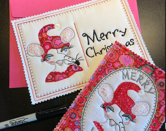 CHRISTMAS CARDS ITH with Mouse Alvilda, 6 Machine Embroidery Designs in 3 languages and two sizes, can also be used for making MugRugs