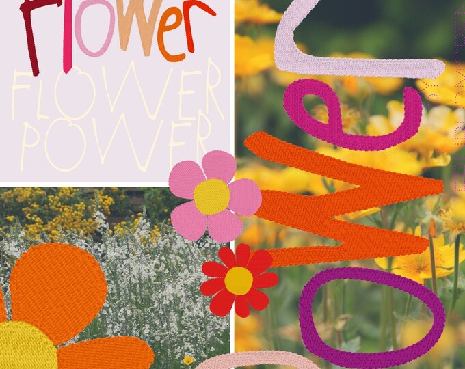 FLOWER POWER - Flowers and text for embellishment of you garments and other textile projects - 3 flowers in each 3 sizes and 3 text designs