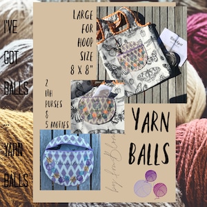 May include: A white tote bag with a butterfly and insect design. The bag has two round pockets with embroidery. The text "Large for Hoop Size 8 x 8" is visible. The text "2 ITH purses & 5 motifs" is also visible. The bag is on a wooden surface with yarn balls in the background.