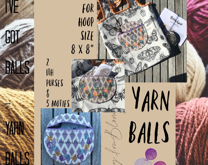 8 YARN BALL Designs for hoop size 8 x 8" - Hand drawn, cute embroidery designs for knitters - 2 ITH designs and 5 round Knit saying Motifs