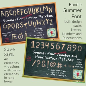 May include: Two blackboards with white chalk lettering. The top board shows the alphabet in a summer font style. The bottom board shows numbers and punctuation marks in the same font style. Both boards have the text "Summer Font" and "free-standing" written on them. The text "Bundle Summer Font" is written in white on a green background above the top board. The text "both design packs Letters, Numbers and Punctuations" is written in white on a green background below the top board. The text "Save 30% 48 elements + designs with more elements in one hoop" is written in white on a black background to the left of the top board. The text "Approx. letter height 7 cm" is written in white on a black background to the left of the top board. The text "29 single letters to stitch for ironing or sewing on..." is written in white on a black background to the right of the top board. The text "Approx number and sign height 7 cm" is written in white on a black background to the right of the bottom board. The text "19 single numbers and signs to stitch for ironing or sewing on..." is written in white on a black background to the right of the bottom board.