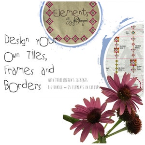 May include: A digital design resource for creating your own tiles, frames, and borders. The image features a colourful floral design and text that reads "Design Your Own Tiles, Frames and Borders with Frublomgren's Elements Big Bundle - 25 Elements in Colours".
