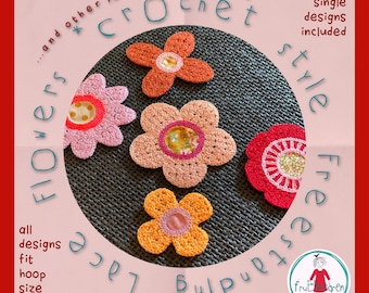 FSL Flowers and larger Flowers - Cute, hand drawn Crochet Style - 5 different flowers in each 3 variants/sizes - hoop 4x4, tutorial included