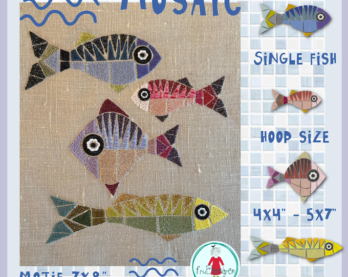 Mosaic Fish Machine Embroidery Design Pack, Mediterranean Coastal Fish, 4 Single Fish and 7x8 Motif