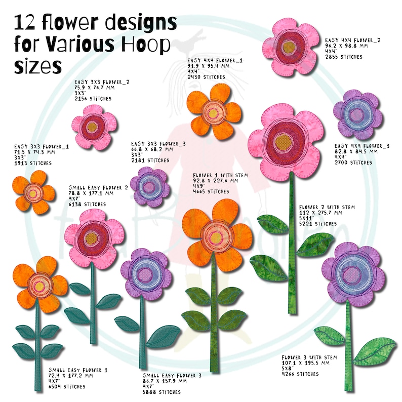 Puede incluir: Doce dise&ntilde;os de bordado de flores de varios colores y tama&ntilde;os, incluyendo una flor rosa con un tallo verde, una flor morada con un tallo verde y una flor naranja con un tallo verde. Los dise&ntilde;os est&aacute;n etiquetados con su tama&ntilde;o en mil&iacute;metros y el n&uacute;mero de puntadas necesarias.