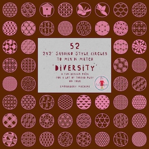 Embroidery Sashiko Style Circles – 2x2&quot; Hand-Drawn Designs, 5 helpful grid files – 52 Machine Embroidery motifs, Mix’n Match Zakka Stitching
