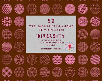 Embroidery Sashiko Style Circles – 2x2" Hand-Drawn Designs, 5 helpful grid files – 52 Machine Embroidery motifs, Mix’n Match Zakka Stitching