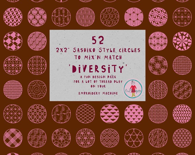 Embroidery Sashiko Style Circles – 2x2" Hand-Drawn Designs, 5 helpful grid files – 52 Machine Embroidery motifs, Mix’n Match Zakka Stitching