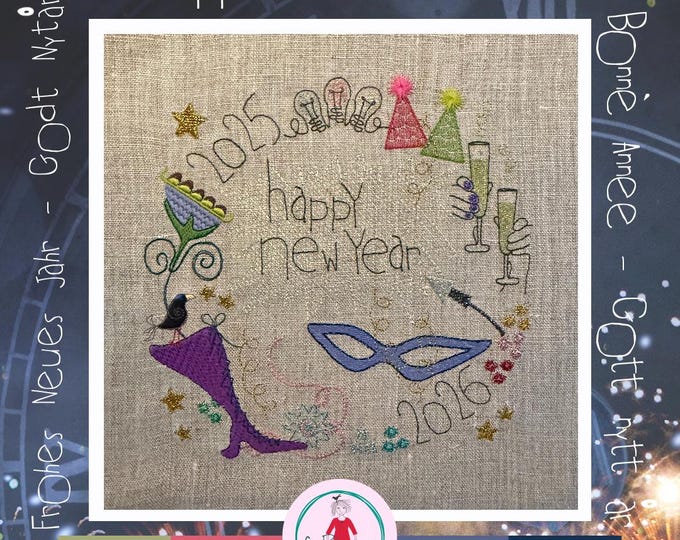 Hand drawn New Year Wreath Machine Embroidery Designs - hoop size 8x8 and 5x5 - multi-lingual