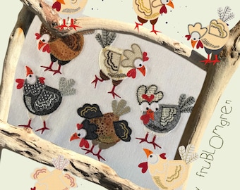 5 Little Hens - Cute Hand drawn appliqué hens + egg, hay & corn-Machine Embroideries/Appliqué designs - HAPPY CHICKS - 7 design for 4 x 4"