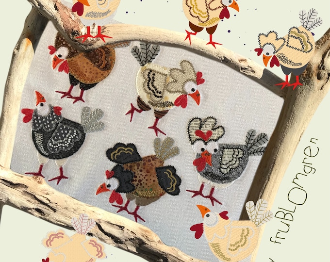 5 Little Hens - Cute Hand drawn appliqué hens + egg, hay & corn-Machine Embroideries/Appliqué designs - HAPPY CHICKS - 7 design for 4 x 4"