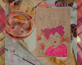 Wine O'clock - Hand drawn Machine embroidery design with appliqué detail - for  XXL hoop size 10 x 14" - a cute designs for gift making