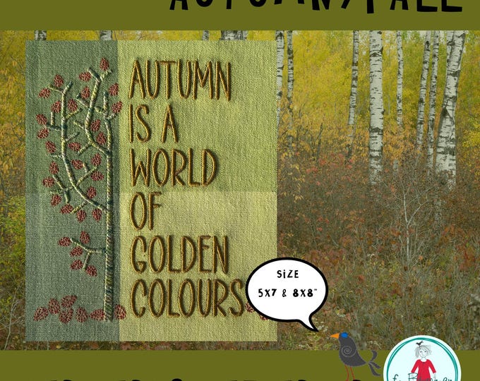 Folksy Autumn - Machine Embroidery Design Autumn Fall Tree & Text — Hand drawn Autumn designs — 5x7” and 8x8” Hoop — English German Danish