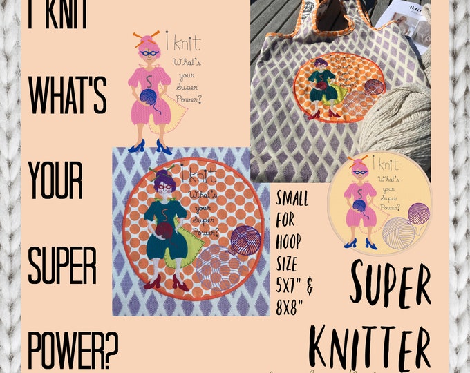 SUPER KNITTER - small - Whimsical Hand drawn Super Knitter for passionate knitters - Detailed motifs, tell the world about your Super Power