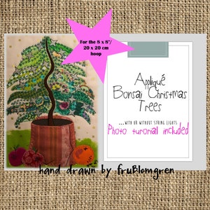 以下が含まれることがあります： アップリケの盆栽クリスマスツリーのデザイン。星の飾り、茶色の幹、鉢植えのある緑の盆栽の木が特徴です。手描きで、「Photo tutorial included」の文字が入っています。