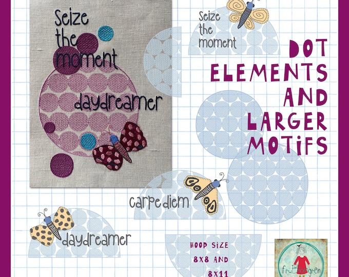 8 Cute, easy stitched machine embroidery and appliqué designs to make in hoop size 5x7" - 13x18 cm and 6x8" - 15x20 cm and 8x11" - 20x28 cm