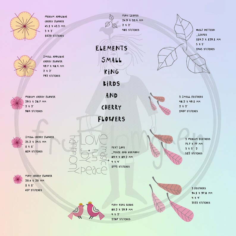 May include: A digital illustration of a girl with a crown, surrounded by cherry blossoms, birds, and leaves. The text "Elements Small King Birds and Cherry Flowers" is written in black. The text "Love is made of joy, harmony, peace" is written in a circle around the girl.