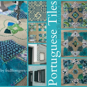 May include: A collage of images featuring Portuguese tiles in various sizes and designs. The tiles are blue, green and white and feature geometric patterns. The text "Portuguese Tiles medium/large" is written in a blue font on a turquoise background. The text "by fruBlomgren" is written in a white font on a blue background.
