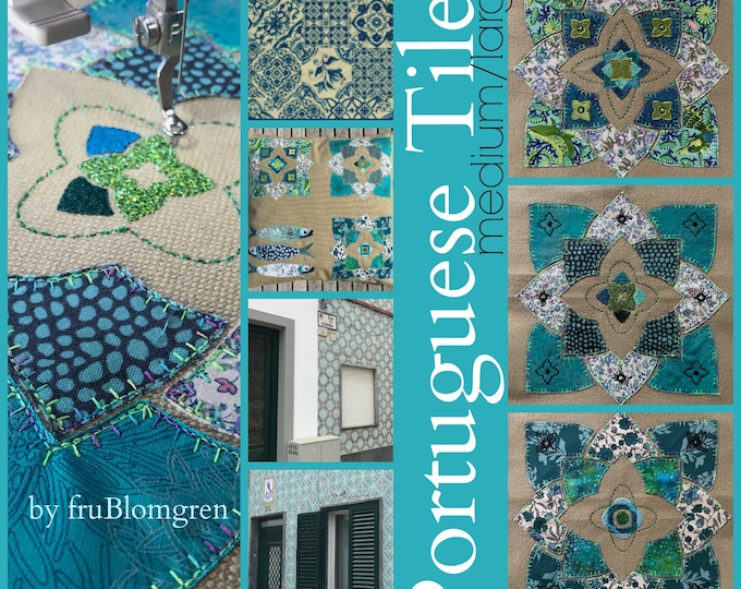 8 APPLIQUÉ Tile Designs - Portuguese Style, hand drawn Appliqué Tiles, 2 sizes for the 8 x 8" hoops, 7 tile designs + an ITH pocket included