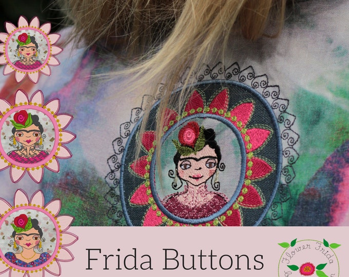 Flower Frida 'BUTTON' designs - not Buttons, but smaller round designs suitable for bags, accessories etc., 3 'Buttons' and a logo