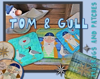 MUGRUGS, Patch and Tag ITH with Sailor Tom and Gull - 4 cute MugRug designs from 5x5" to 8x8" + a Tag 'all aboard' + a Compass Rose Patch