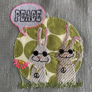 PEACE love and harmony Whimsical and cute Machine Embroidery Designs with my HIPSTER BUNNIES bringing Peace, 4 designs included image 4