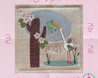 May Bird Appliqué Machine Embroidery Quilt Block | Stork Design – Hand Drawn – hoop 5x7 and 8x8