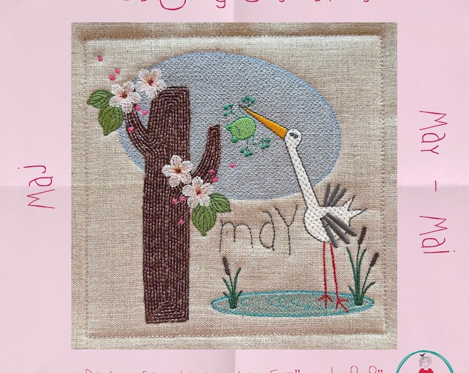 May Bird Appliqué Machine Embroidery Quilt Block | Stork Design – Hand Drawn – hoop 5x7 and 8x8
