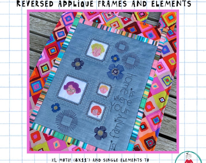 XL Motif with Reversed Appliqué Squares – Sashiko Style | Squares in 4 Sizes & Matching Flowers | Mix'n Match | Hoop Sizes 4x4, 5x7, 8x11