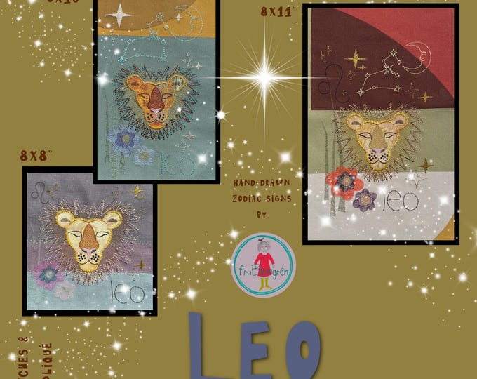 Leo Zodiac - Hand-drawn Machine Embroidery Designs – a mix of embroidery and appliqué - Large, detailed motifs - 3 Hoop Sizes