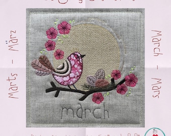 March Bird Appliqué Machine Embroidery Quilt Block | Hand Drawn