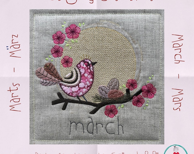 March Bird Appliqué Machine Embroidery Quilt Block | Hand Drawn