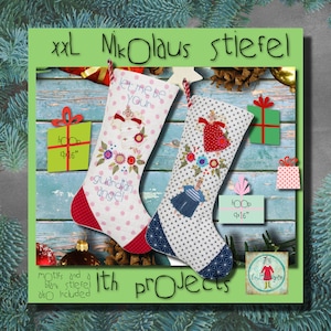 May include: Two white Christmas stockings with red and blue accents. One stocking features a guardian angel with the text "let me be your guardian angel". The other stocking features a red angel with a blue dress. Both stockings have a white polka dot pattern. The text "XXL Nikolaus stiefel" is at the top of the image. The text "HOOP 4x16" and "HOOP 9x16" is on the left and right sides of the image. The text "motifs and a blank stiefel also included" and "Ith projects" is at the bottom of the image.